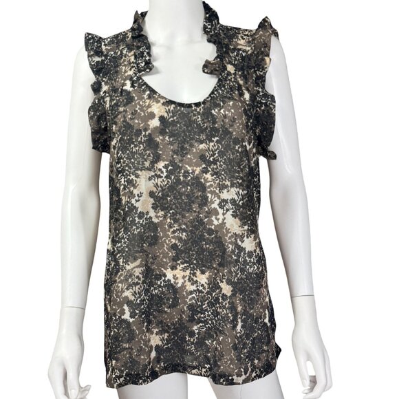Converse One Star Blouse Womens L Black Beige Floral Ruffle Sleeveless - Picture 1 of 6